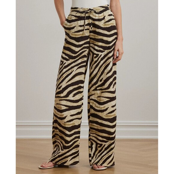 Lauren Ralph Lauren Pants - Lauren Ralph Lauren Women's Zebra-Print Linen Wide-Leg Pants Cream Brown XXL